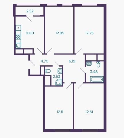 Четырёхкомнатная квартира 77.4 м²