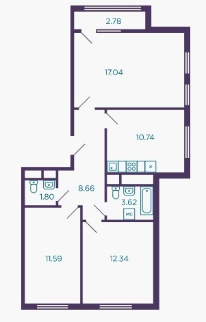 Трёхкомнатная квартира 67.2 м²