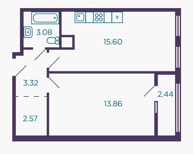 Двухкомнатная квартира 39.7 м²