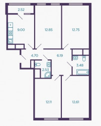 Четырёхкомнатная квартира 77.4 м²