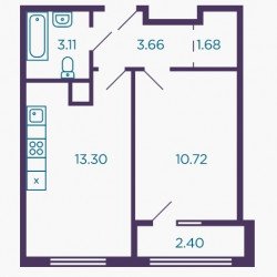 Однокомнатная квартира 33.7 м²