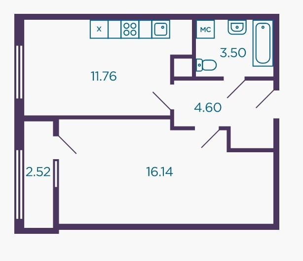 Однокомнатная квартира 37.3 м²