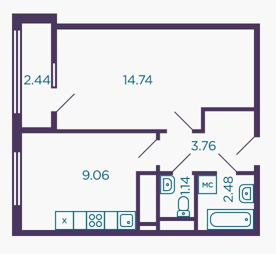 Однокомнатная квартира 32.4 м²