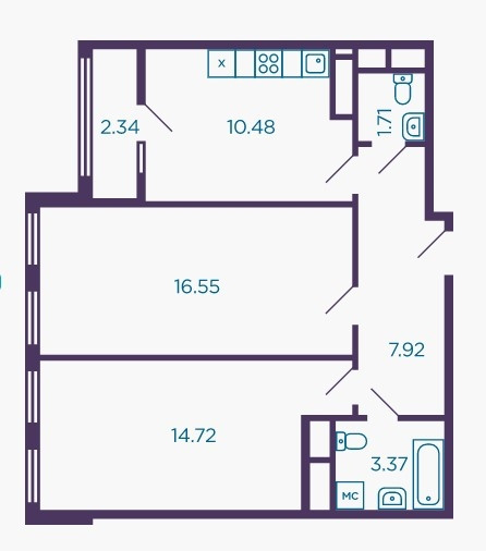 Двухкомнатная квартира 55.9 м²