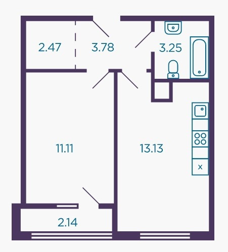 Однокомнатная квартира 34.8 м²