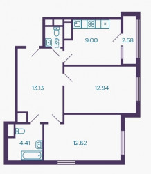 Двухкомнатная квартира 54.8 м²